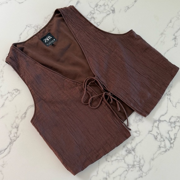 Zara Tops - Zara Textured Tie-Front Cropped Vest Top - Brown - Size Small